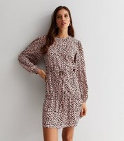 New Look Brown Abstract Print Long Sleeve Tiered Mini Dress